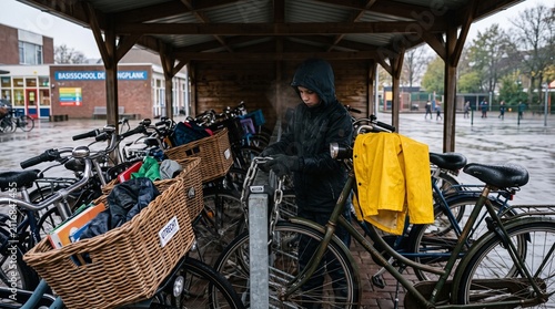 Student locking bicycle at a back to school bike shed in rain