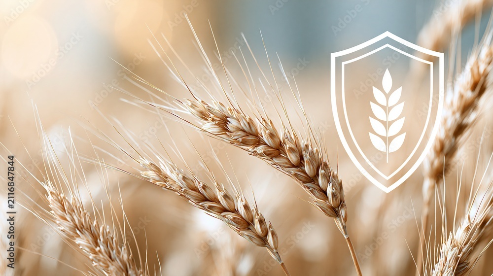 Obraz premium Golden wheat stalks in a field with white shield icon overlay representing protection and safety