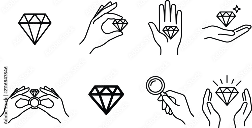 Fototapeta premium Luxury Diamond and Precious Gemstone Line Icon Set Featuring Hands Holding Jewelry Rings Magnifying Glass Appraisals and Sparkle Valuation Symbols