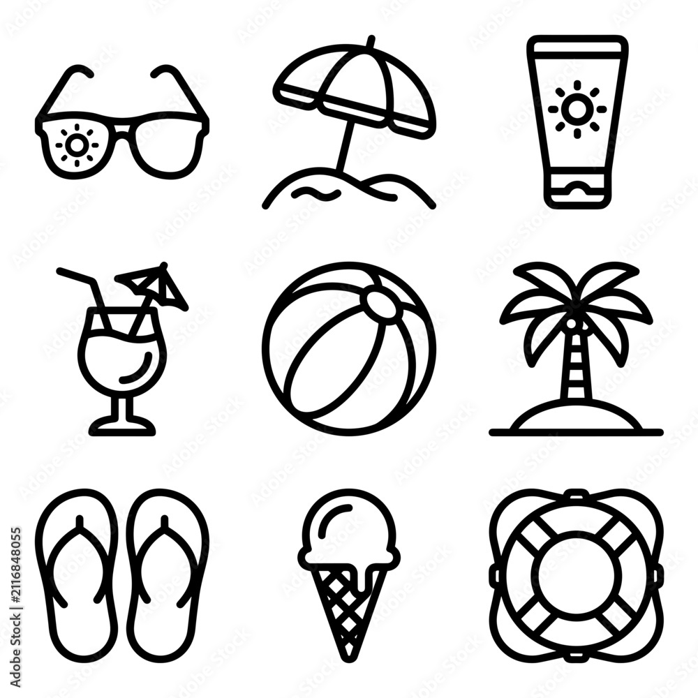 Fototapeta premium Summer Vacation Line Icon Set Collection