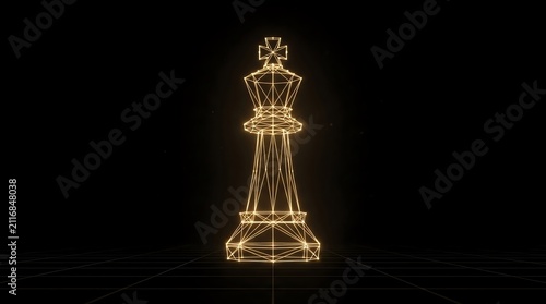 Golden wireframe chess king on black background
