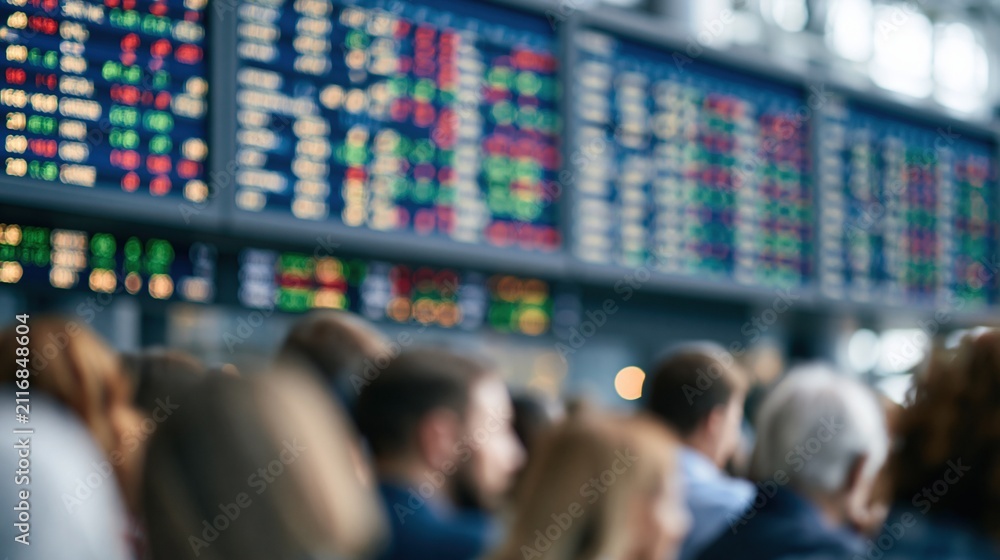 Obraz premium Blurred crowd of people watching large digital stock exchange boards displaying colorful financial data.