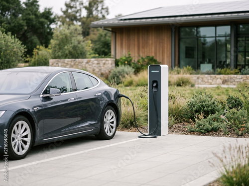 Electric car charging at a modern home with solar panels on the roof, showcasing sustainable technology and a futuristic lifestyle.