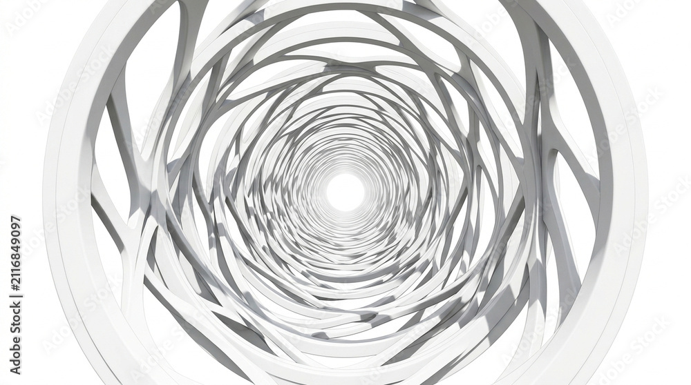 Obraz premium Futuristic white organic tunnel with lattice structure, abstract 3d architectural corridor, minimalist geometric void for science and technology concepts