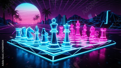 Neon chess board in synthwave landscape