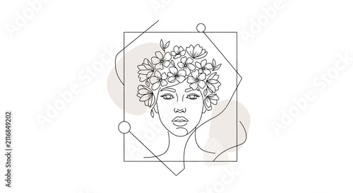 Woman with floral crown, minimalist line art portrait