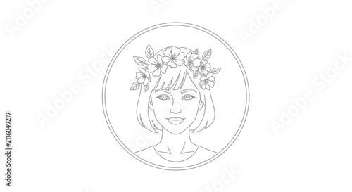 Woman with floral crown, line art portrait