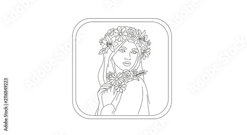 Woman with flower crown and bouquet, line art portrait