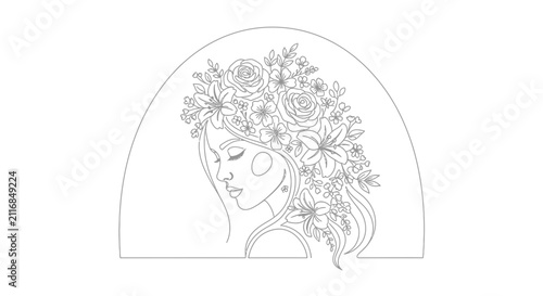 Woman with floral crown, minimalist line art