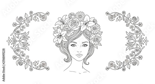 Woman with Floral Hair Wreath, Decorative Flourish Borders, Line Art Illustration