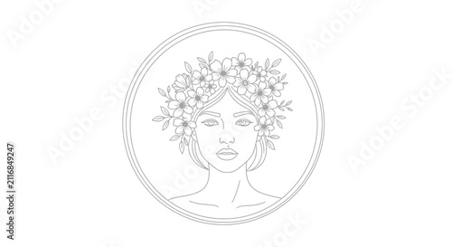 Woman with Flower Crown Line Art Portrait in Circle