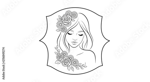Woman with flowers in hair, floral crown, line art portrait