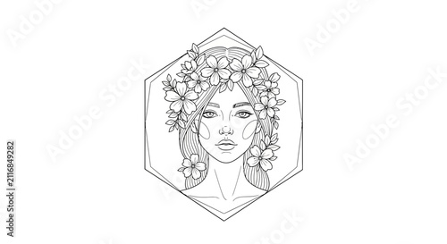 woman with flowers in hair, floral crown, hexagon frame