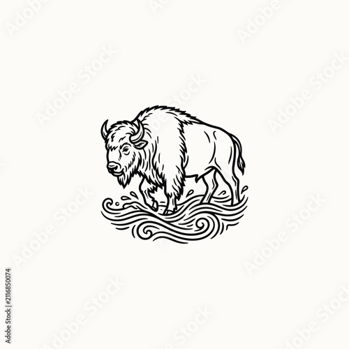 Bison Line Art Illustration Walking in Swirling Water