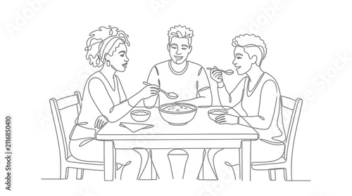 Diverse friends sharing a meal, line art illustration of people eating together at a table.