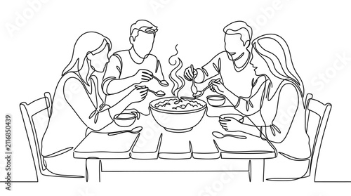 Family Dinner Line Art: Four People Enjoying a Meal Together Around a Table