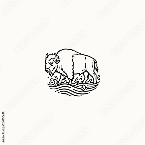 Bison Crossing Water Line Art Illustration