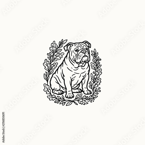 English Bulldog Line Art Mascot with Oak Leaf Wreath