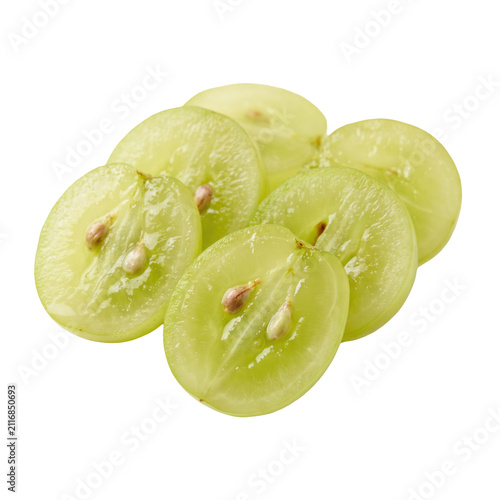 Fresh sliced green grapes with seeds isolated on white background
