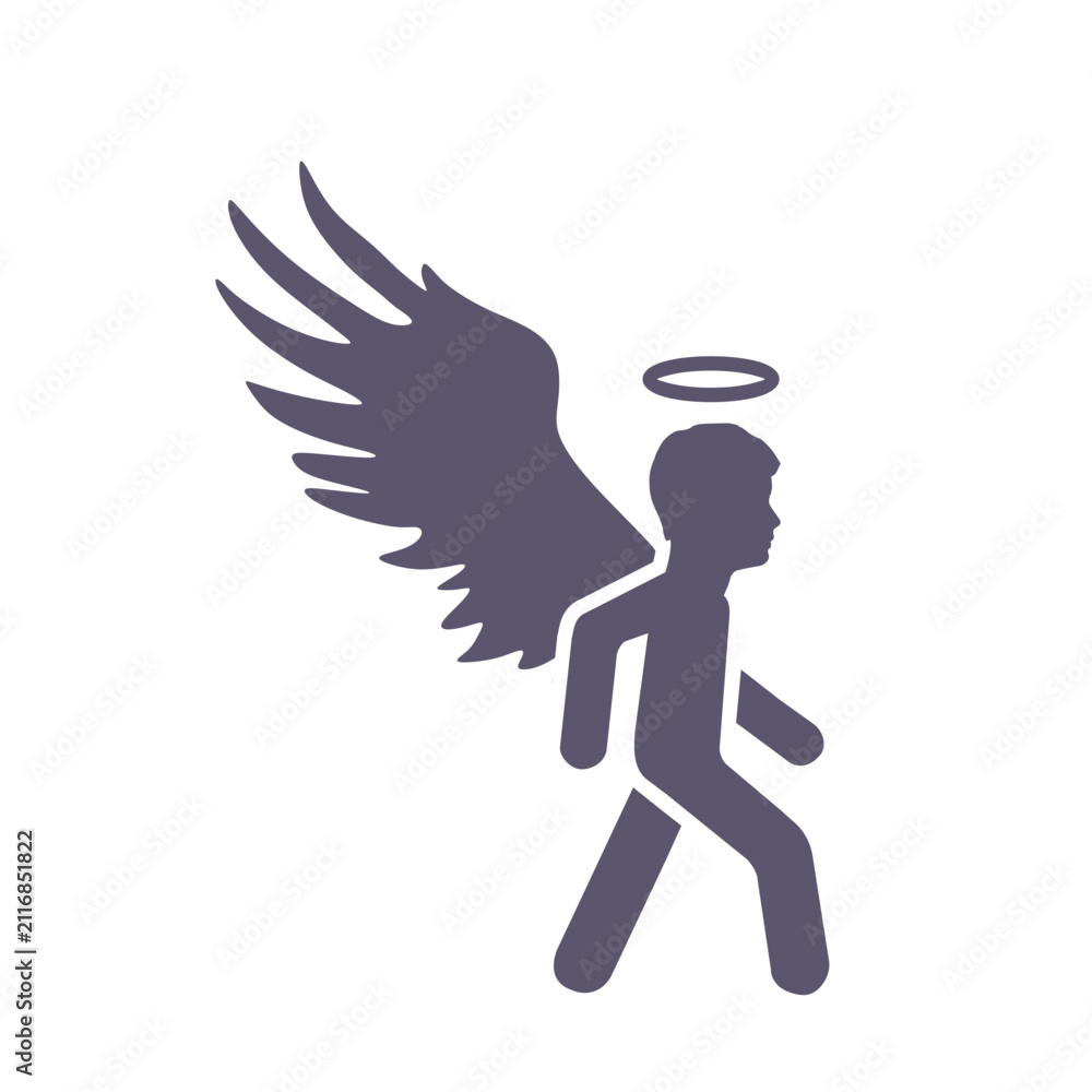 Fototapeta premium Fantasy man angel with huge bird wings. Simple icon