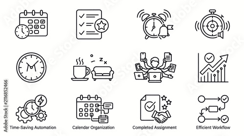 Set of icons representing time management, organization, and efficiency in business and personal life.