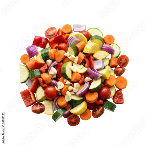 Chopped garden vegetable medley. Fresh raw organic produce mix isolated on white background.