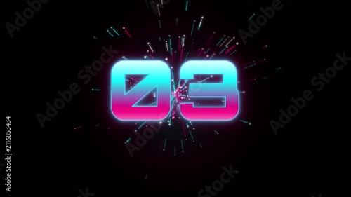Neon glow countdown from 5 to 1 with light particles. 4K Video