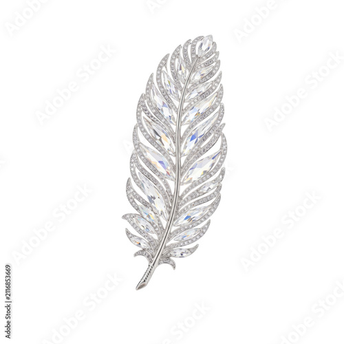 Crystal feather isolated on white. Luxury diamond quill jewelry element for elegant design.