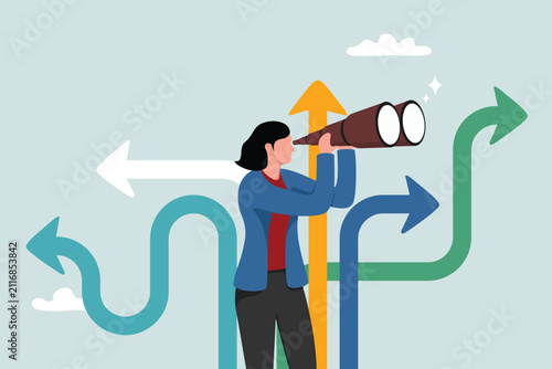 Whether seeking growth opportunities, a vision for the future, or the motivation to develop a business concept, the businesswoman uses binoculars to spot business opportunities.