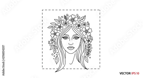 floral woman portrait, line art illustration