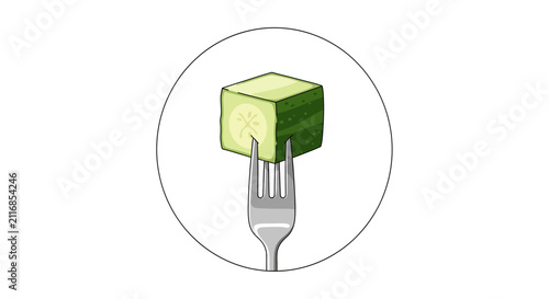 Fresh Cucumber Cube on Fork - Healthy Food Ingredient, Minimalist Icon