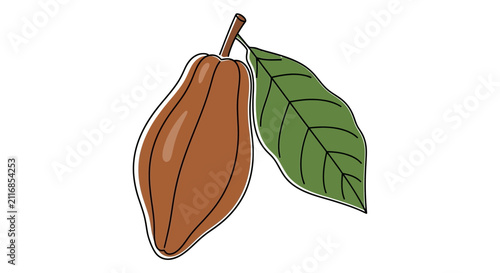Fresh Cacao Pod with Leaf Illustration, Tropical Ingredient