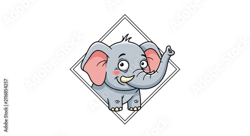 Funny cartoon elephant waving, inside a diamond frame, white background