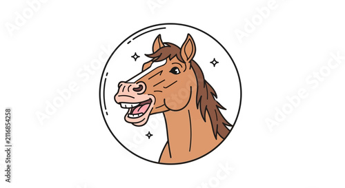 Funny Cartoon Horse Head Smiling Inside Circle - Stock Illustration