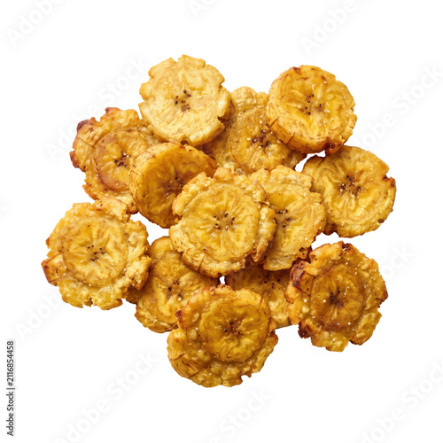 Crispy fried green plantain tostones isolated on a white background