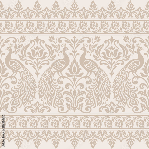 Ornate peacock border pattern rendered in elegant beige vintage tones featuring a seamless peacock border pattern. vector ideal for royal ethnic wallpaper and luxury fabric trimming border pattern.