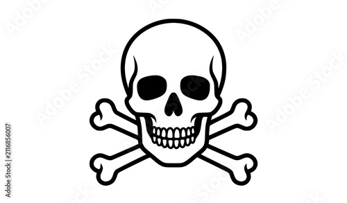 Classic black and white skull and crossbones icon symbolizing danger, poison, pirate flag and death warning sign design