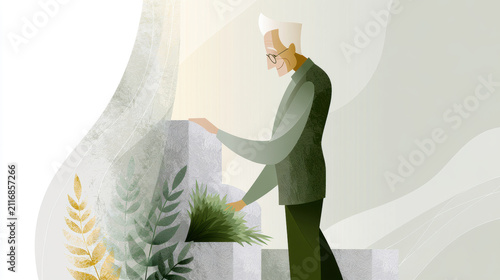 Elderly man gardening plant indoor modern minimal abstract illustration simple soft organic form senior male tending houseplant minimal indoor