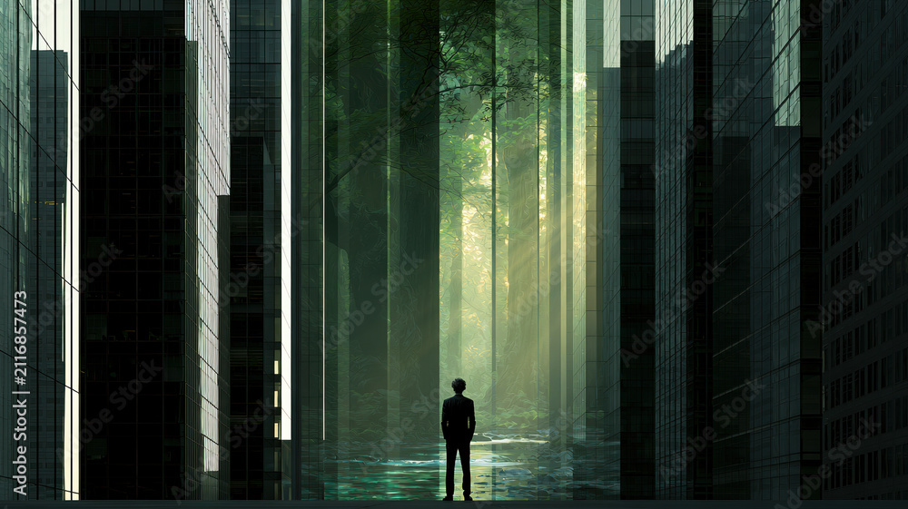 Obraz premium Office worker urban canyon forest nature skyscraper silhouette Office worker silhouette urban canyon, skyscraper wall opening to forest nature