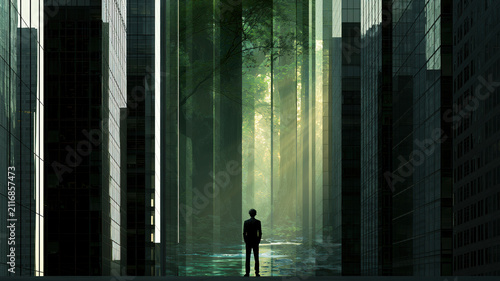 Office worker urban canyon forest nature skyscraper silhouette Office worker silhouette urban canyon, skyscraper wall opening to forest nature