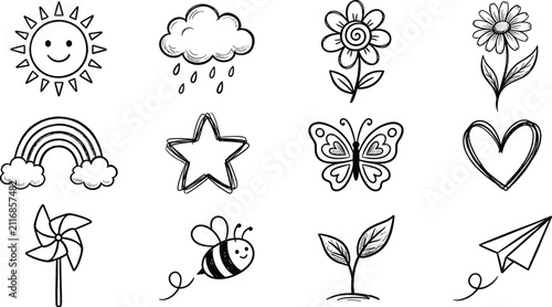 Obraz na plátně Cute Hand Drawn Nature Icon Set Featuring Sun Raincloud Flowers Rainbow Star But