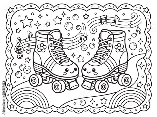 Cute Kawaii Roller Skates Coloring Page for Kids with Music Notes, Stars, and Rainbows, Fun Educational Line Art Activity for Children