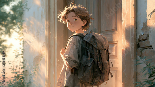 Young traveler backpack homecoming arrival doorway sunlight smile journey young man travel