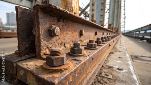 Close-up of a rust-eaten steel beam with heavily corroded bolts on an industrial bridge, showcasing weathering, oxidation, and structural deterioration in natural light.