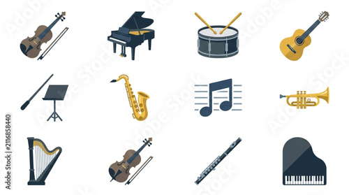 Bild auf Leinwand Colorful flat design musical instruments collection.