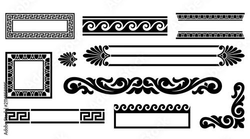 Classical meander banner ends with Vitruvian scroll bar and egg and dart frame stream designs collection