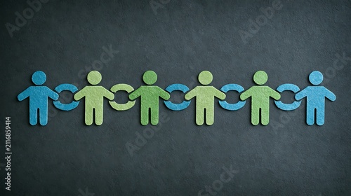 Paper chain of connected figures represents teamwork and community. Ideal for human resources, networking, or global.