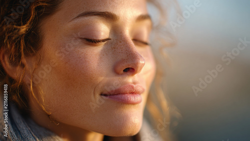 Close up side view thoughtful woman closed eye calm face freckles golden light gentle smile during sunset, serene mindful moment outdoors