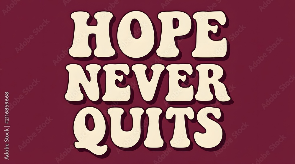 Fototapeta premium Inspiring Typography Saying Hope Never Quits in White Bold Font on Maroon Background