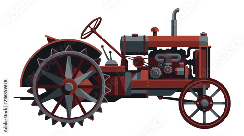 Vintage red tractor with large wheels and mechanical details in a farm setting